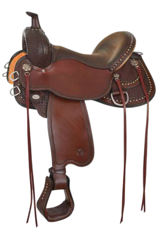 RENO FLEX2 TRAIL-SPOTS-1/2 SADDLE Brown leather saddle with decorative elements on a white background