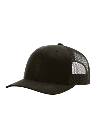Black trucker cap with mesh back on a white background