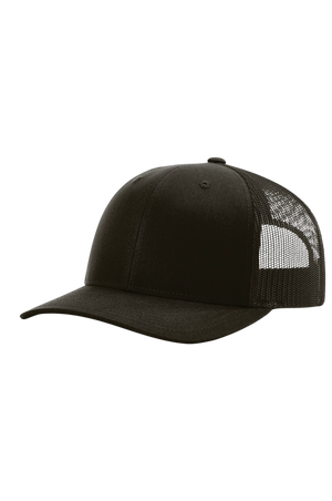 Black trucker cap with mesh back on a white background