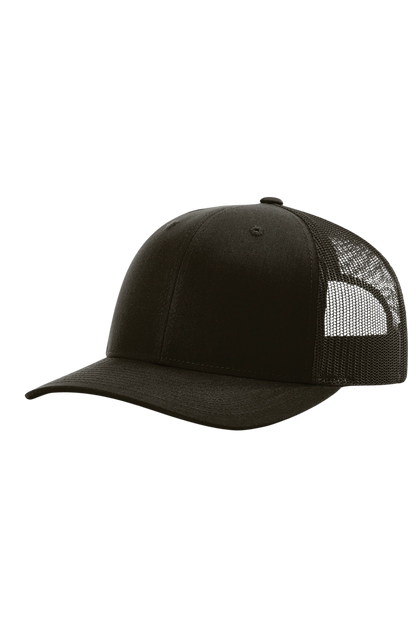 Black trucker cap with mesh back on a white background