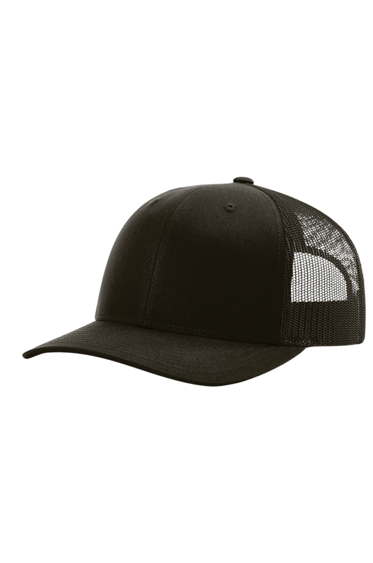 Black trucker cap with mesh back on a white background