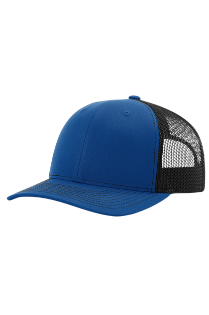 Blue cap with black mesh back on a white background