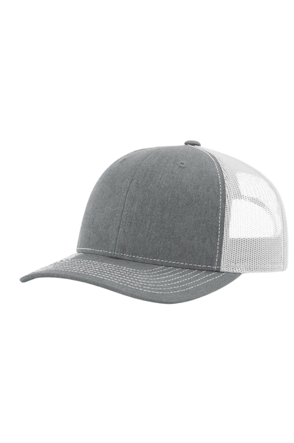 Gray and white cap with mesh back on a white background