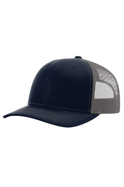 Navy blue and gray cap with mesh back on a white background