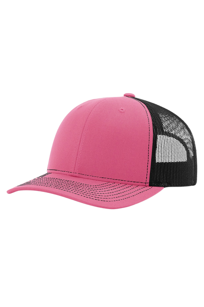 Pink and black cap with mesh back on a white background