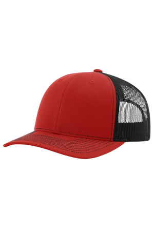 Red and black cap with mesh back on a white background