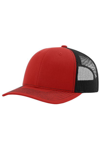 Red and black cap with mesh back on a white background