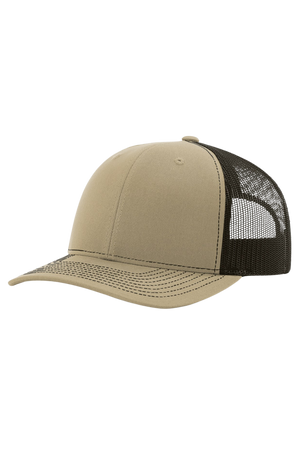 Beige and black trucker cap on a white background