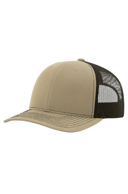 Beige and black trucker cap on a white background