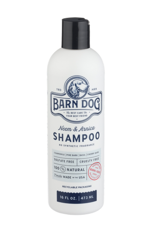 Bottle of Barn Dog shampoo on a white background