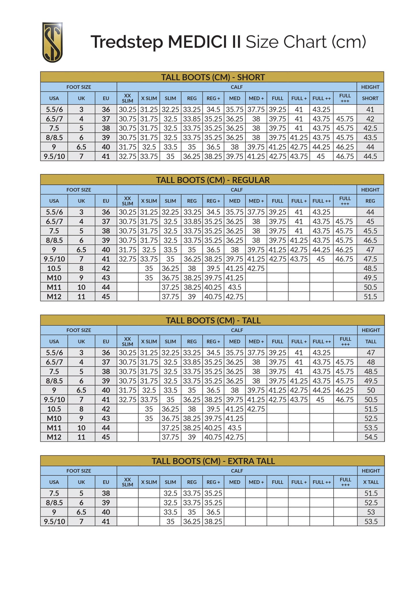 Tredstep MEDICI II size chart for tall boots in centimeters