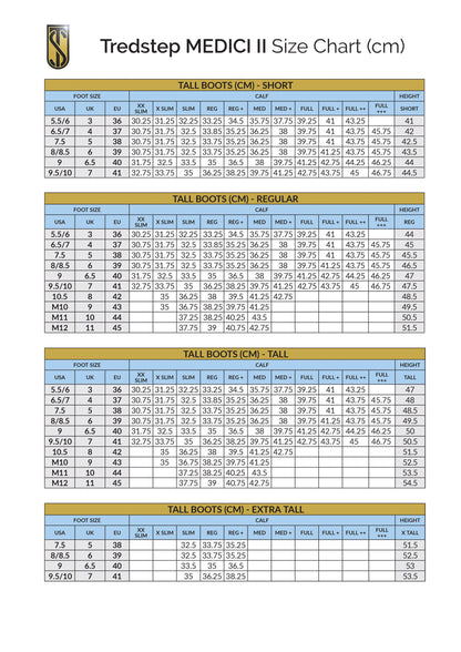 Tredstep MEDICI II size chart for tall boots in centimeters