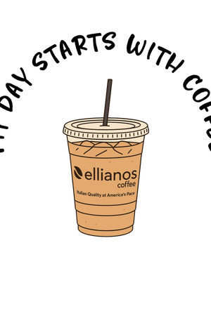 Illustration of a coffee cup with 'ellianos coffee' branding and text 'My day starts with coffee' on a white background.