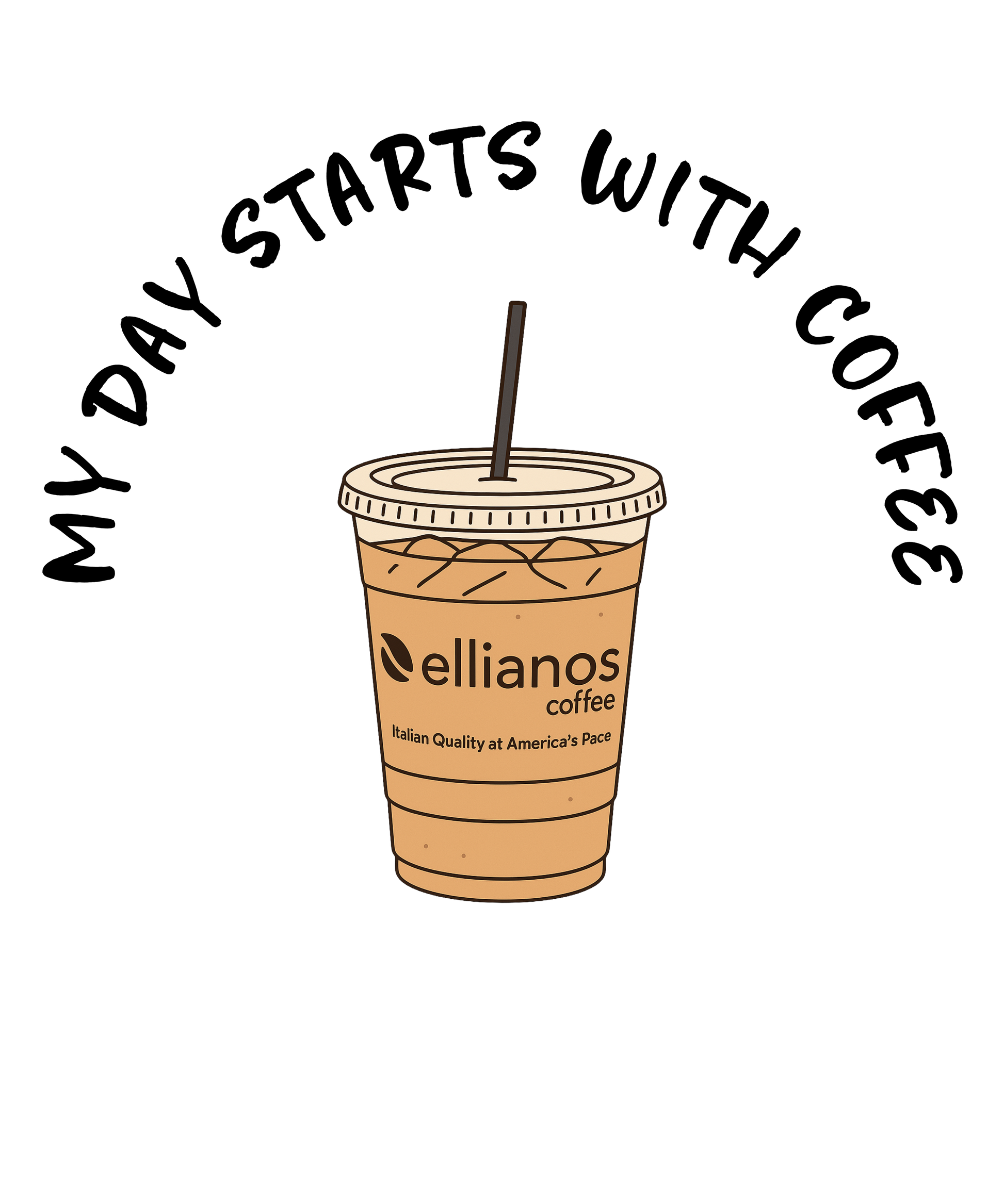Illustration of a coffee cup with 'ellianos coffee' branding and text 'My day starts with coffee' on a white background.