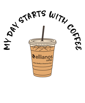 Illustration of a coffee cup with 'ellianos coffee' branding and text 'My day starts with coffee' on a white background.