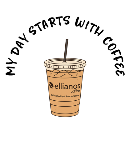 Illustration of a coffee cup with 'ellianos coffee' branding and text 'My day starts with coffee' on a white background.
