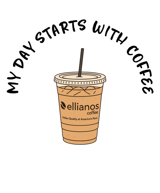 Illustration of a coffee cup with 'ellianos coffee' branding and text 'My day starts with coffee' on a white background.