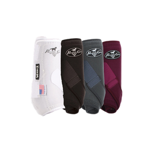 Four equestrian leg wraps in white, black, gray, and burgundy on a white background.