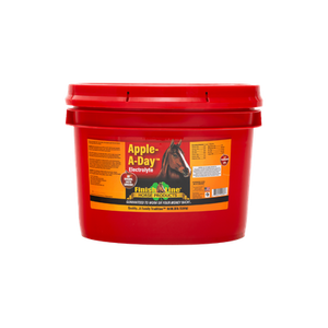 Red bucket of Apple-A-Day horse supplement with a label on a white background