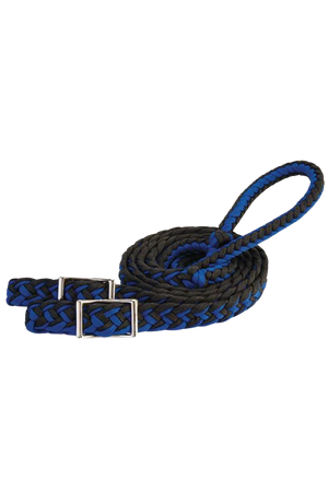 A braided nylon barrel rein in blue and black with metal buckles.