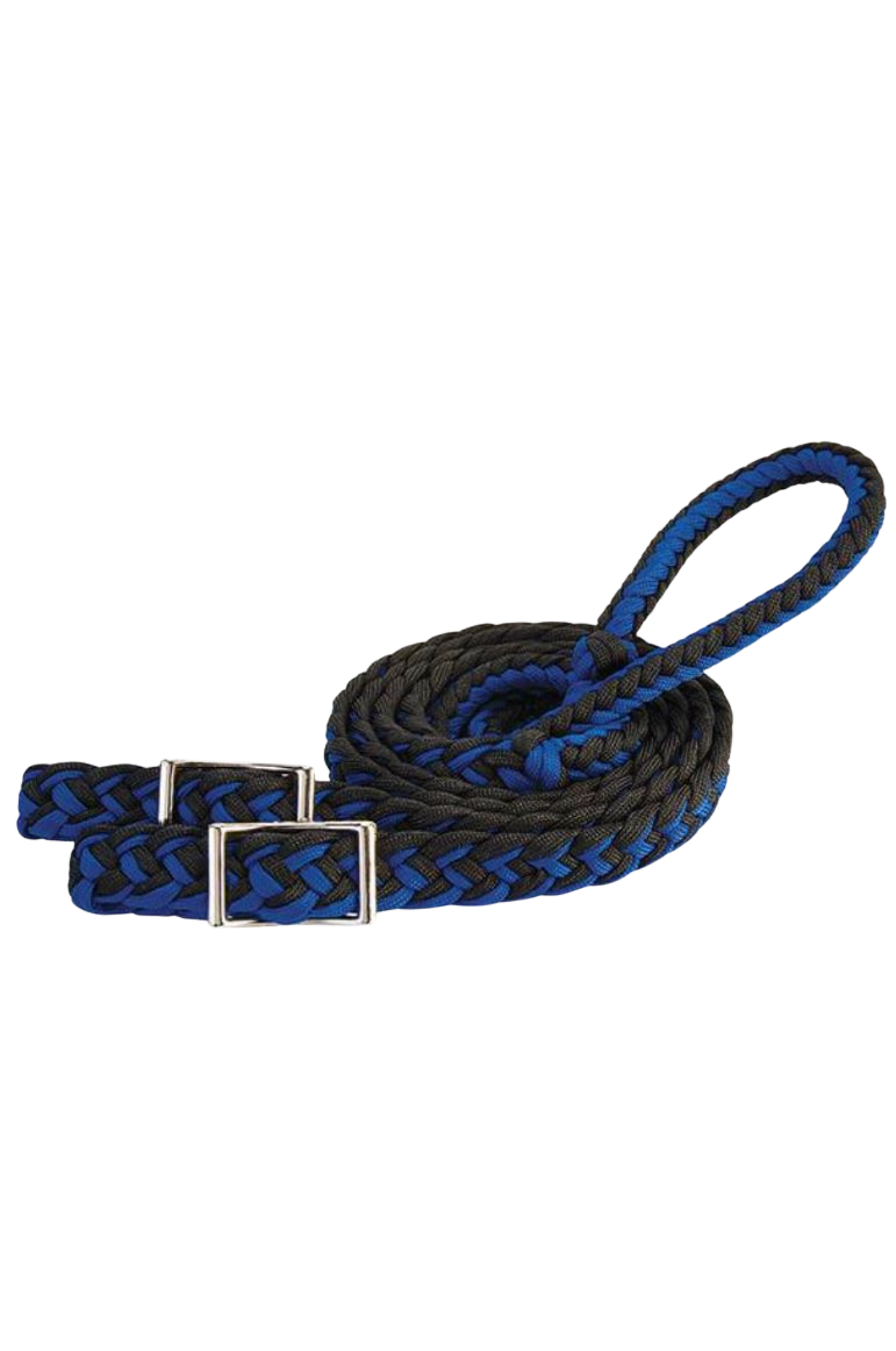 A braided nylon barrel rein in blue and black with metal buckles.