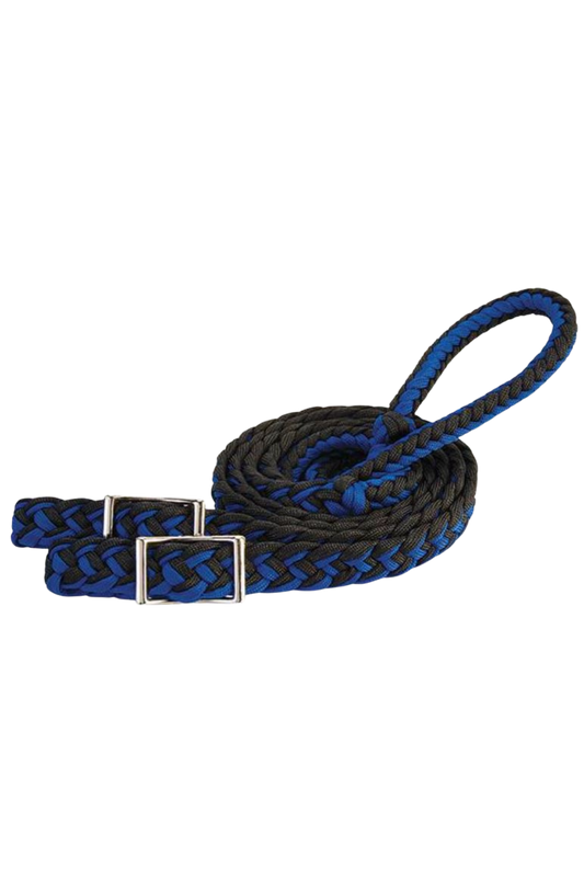 A braided nylon barrel rein in blue and black with metal buckles.