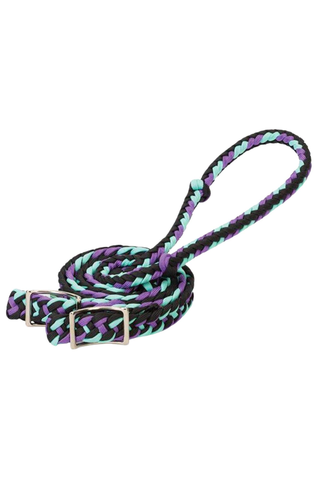 A braided nylon barrel rein in with metal buckles.