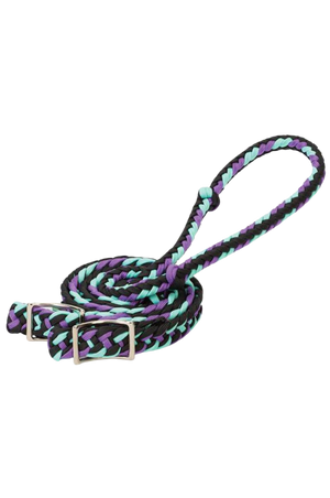 A braided nylon barrel rein in with metal buckles.