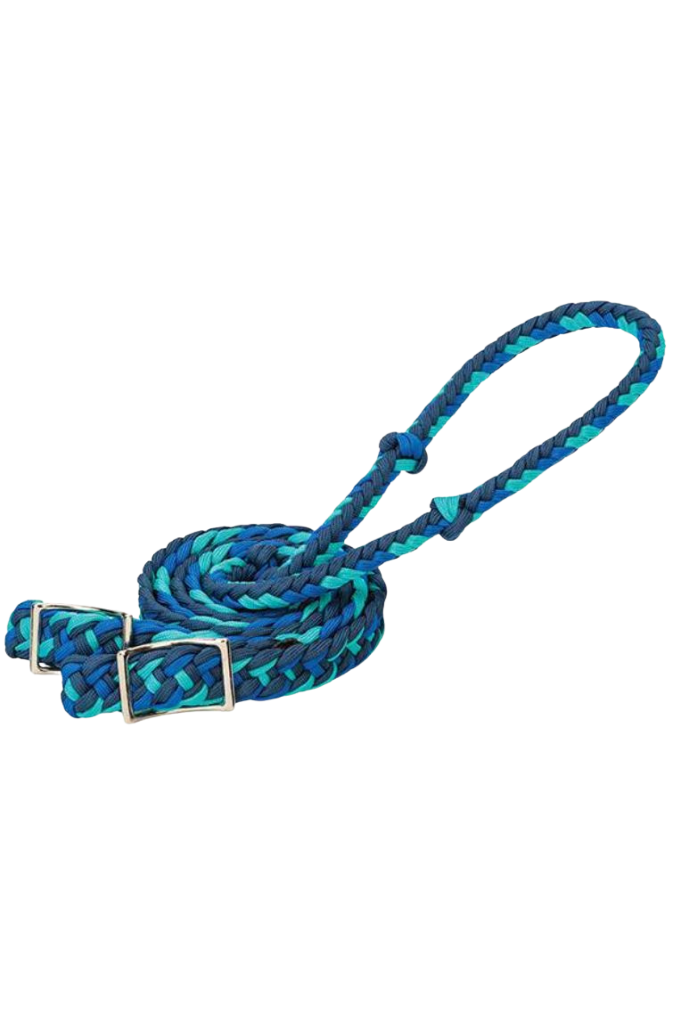 A braided nylon barrel rein in with metal buckles.