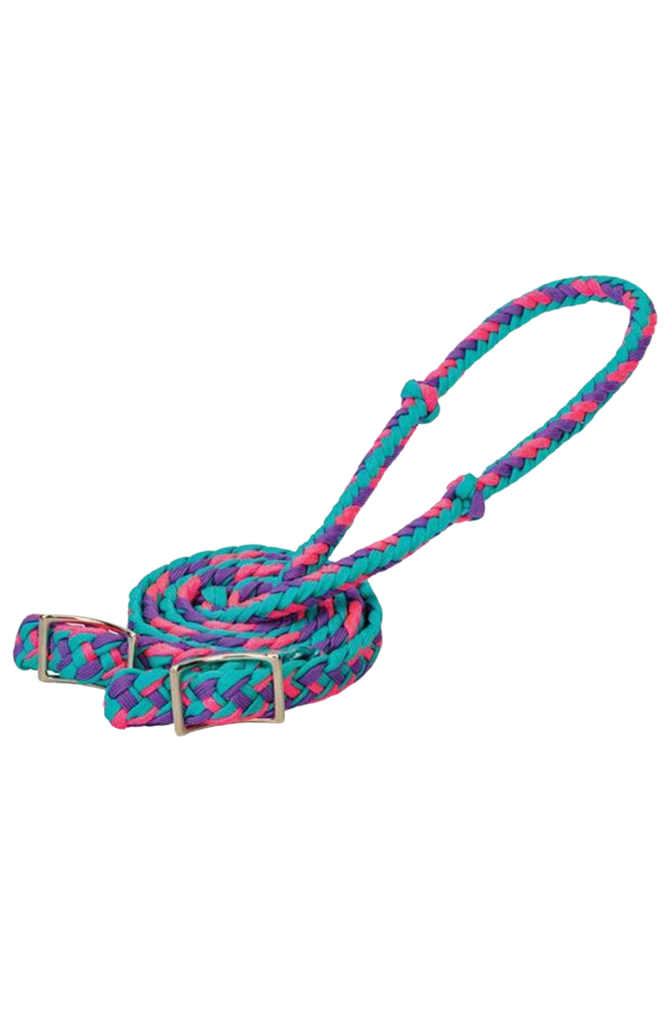 A braided nylon barrel rein in with metal buckles.
