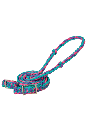 A braided nylon barrel rein in with metal buckles.