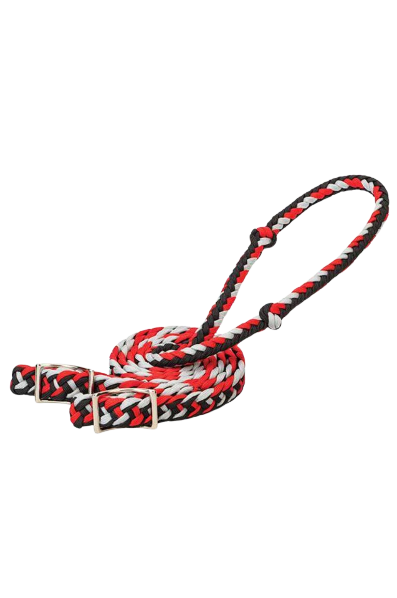 A braided nylon barrel rein in with metal buckles.