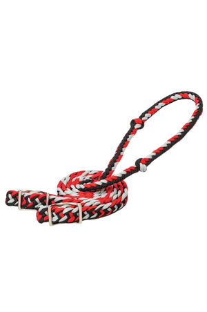 A braided nylon barrel rein in with metal buckles.