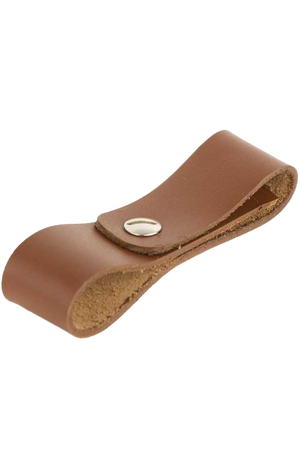 A brown leather breakaway piece with a metal snap button.