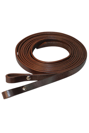 A brown leather split rein for a horse, featuring metal hardware.