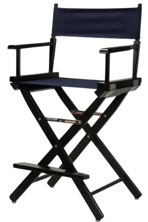 A foldable director's chair with a black frame and blue fabric seat and backrest.
