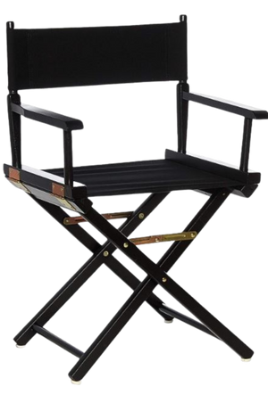 A foldable director's chair with a black seat and backrest on a wooden frame.