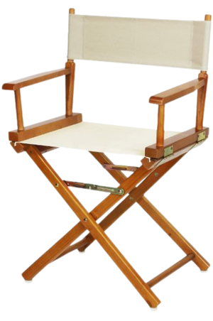 A foldable director's chair with a black seat and backrest on a wooden frame.