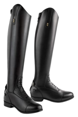 A pair of black, riding boots with laces and a zipper on the inner side, designed for equestrian activities.