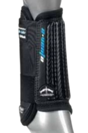 A black horse front boot with straps and a braided design, presumably for protection during riding activities.