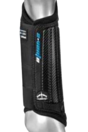 A black horse boot with blue and silver detailing, designed for protection and safety.