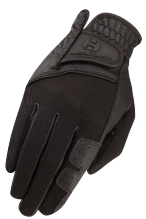 A black leather riding glove featuring a velcro wrist strap and a padded back.