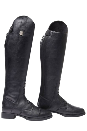 A pair of black, riding boots with a zipper on the inner side, designed for equestrian activities.