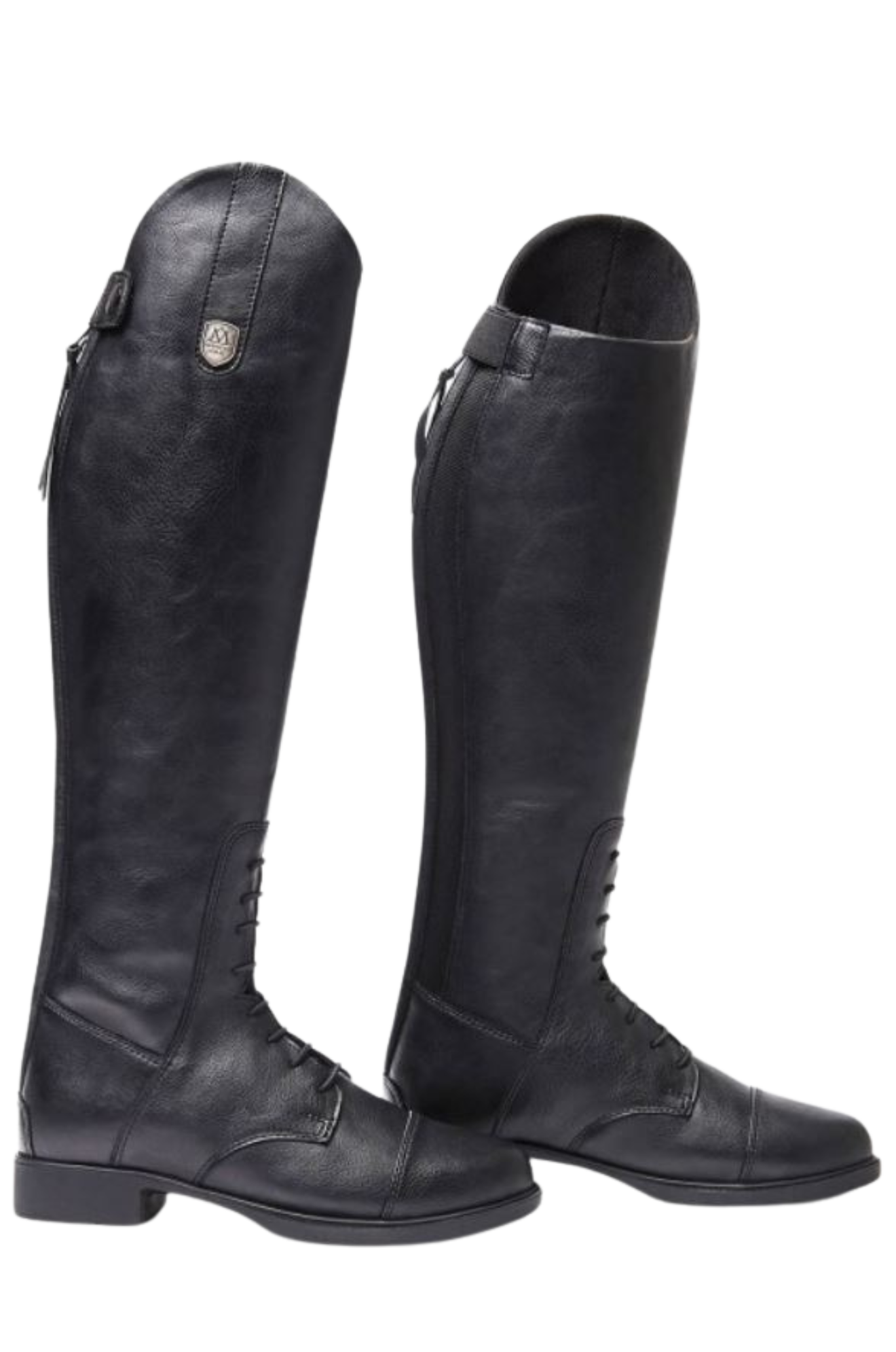 A pair of black, riding boots with a zipper on the inner side, designed for equestrian activities.