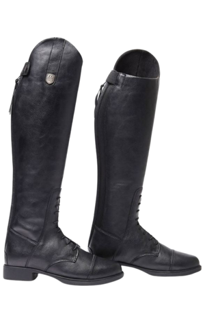 A pair of black, riding boots with a zipper on the inner side, designed for equestrian activities.