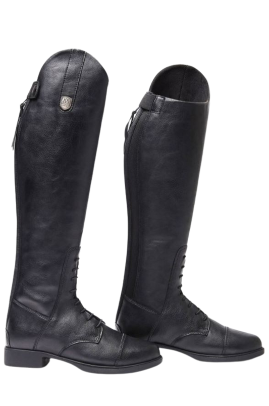 A pair of black, riding boots with a zipper on the inner side, designed for equestrian activities.