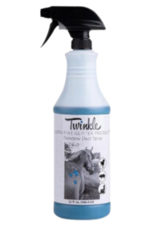 A blue spray bottle labeled 'TWINKLE RAINBOW DUST' with a picture of a unicorn and rainbows.