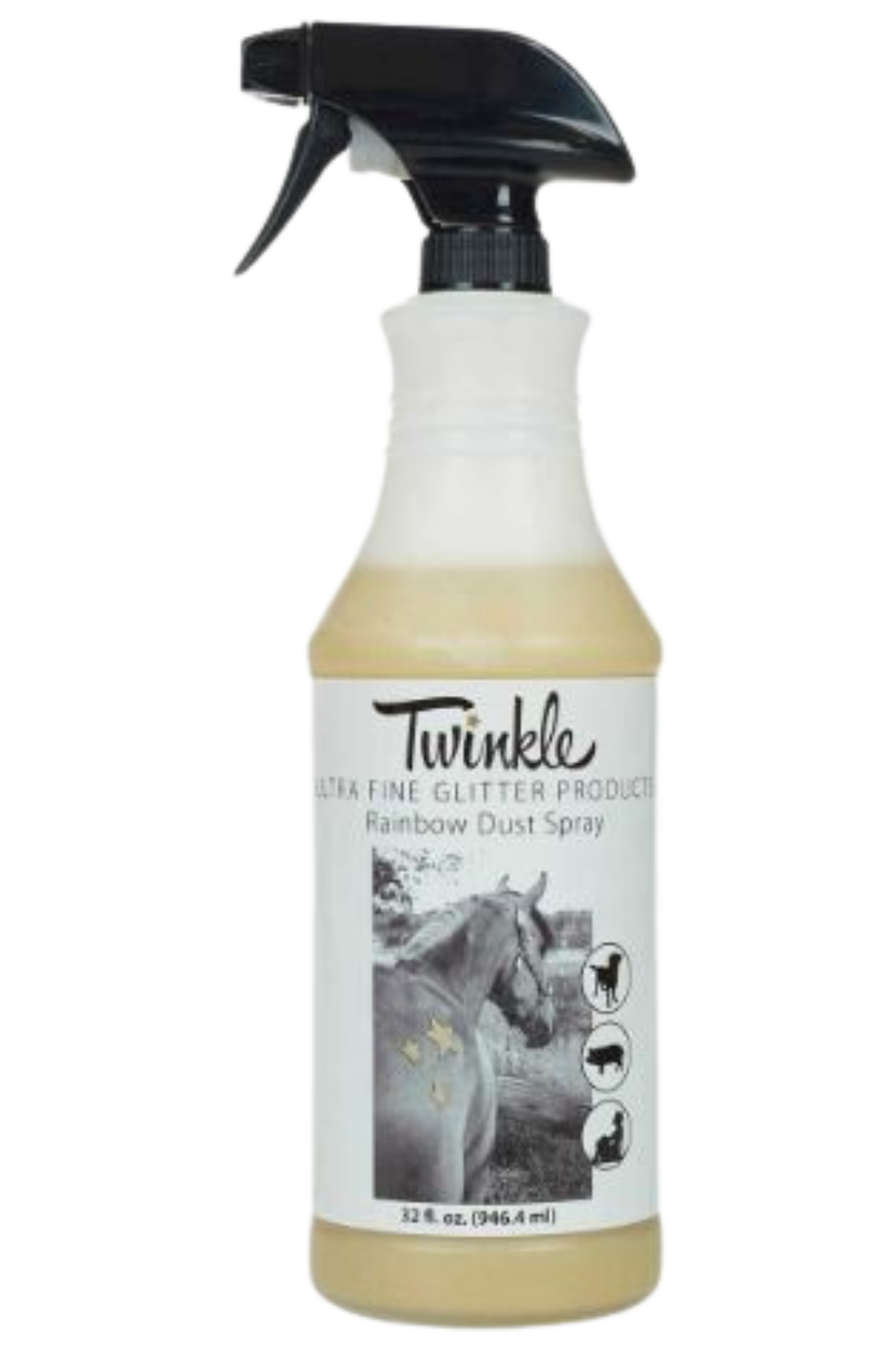 A blue spray bottle labeled 'TWINKLE RAINBOW DUST' with a picture of a unicorn and rainbows.