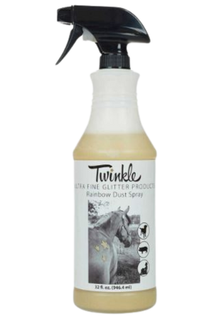 A blue spray bottle labeled 'TWINKLE RAINBOW DUST' with a picture of a unicorn and rainbows.