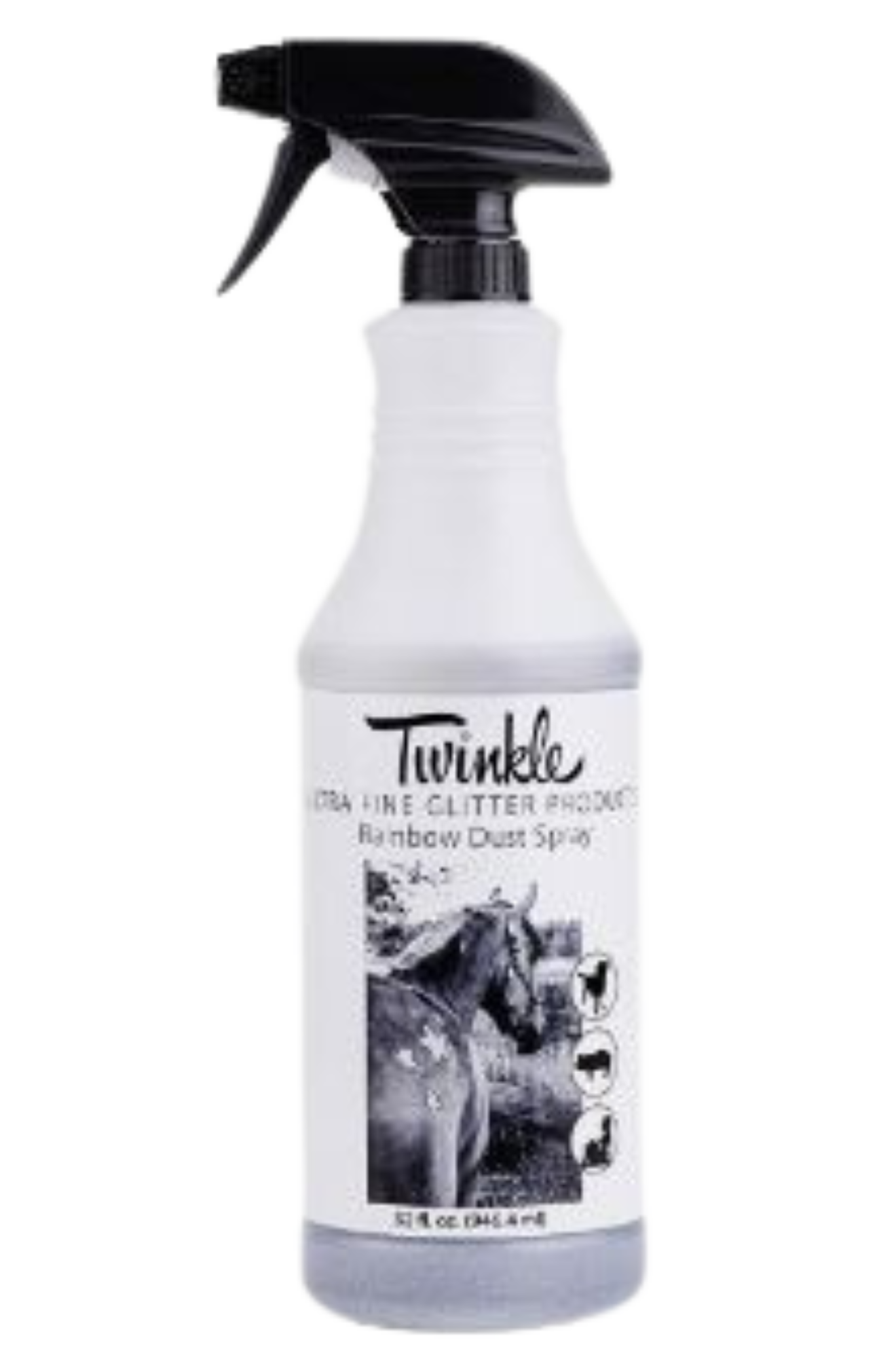 A blue spray bottle labeled 'TWINKLE RAINBOW DUST' with a picture of a unicorn and rainbows.